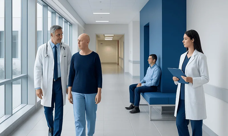 Medical professionals and patient in hospital corridor for cancer treatment.