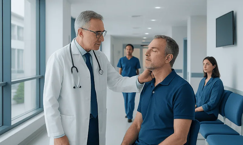 Carcinoma of Larynx Treatment: How It Works, Results and What to Expect 4 Doctor examining a patient in a hospital corridor with medical staff in background.