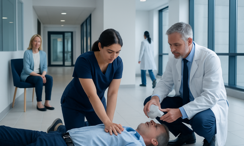 Medical team performs CPR on patient in hospital corridor.