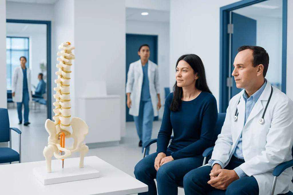 Cauda Equina Syndrome Treatment: How It Works, Results and What to Expect 1 Doctor explaining cauda equina syndrome to patient in hospital setting.