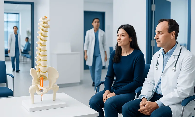Doctor explaining cauda equina syndrome to patient in hospital setting.