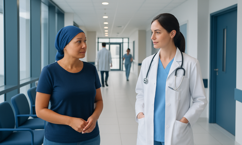 Doctor and patient having a conversation in hospital corridor.