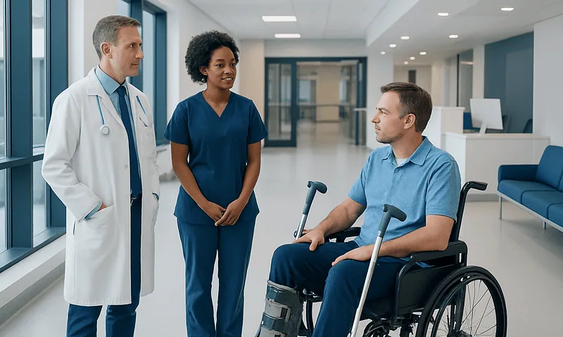 Medical team discussing patient care in hospital corridor.