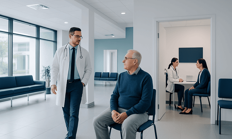 Doctor consulting elderly patient in modern hospital corridor.