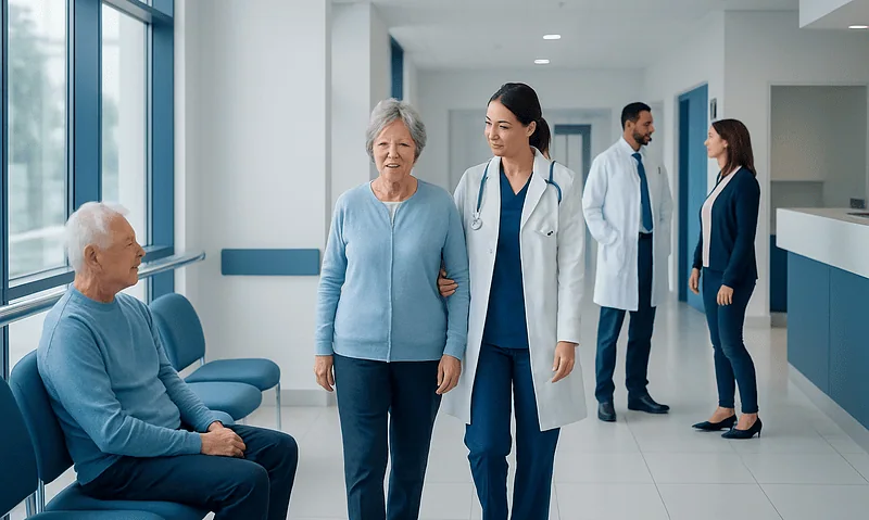 Healthcare professionals caring for elderly patients in a hospital corridor.