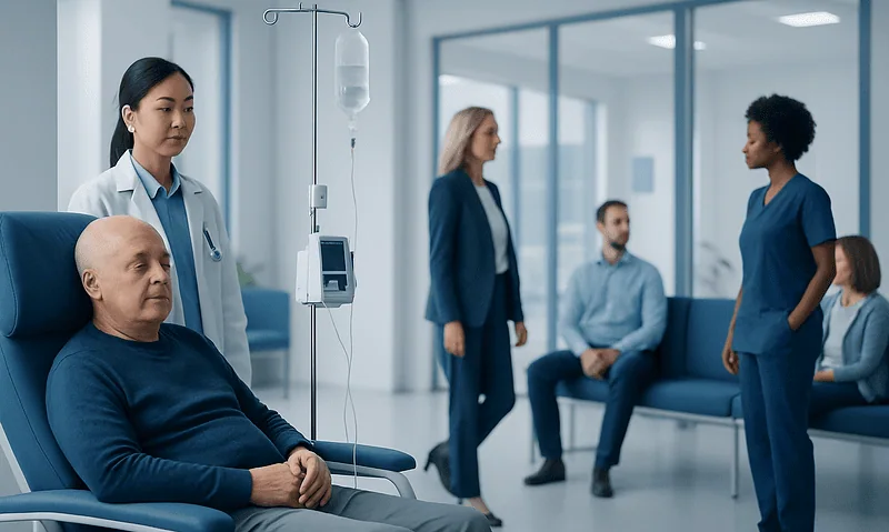 Patient receiving chemotherapy in a hospital room with medical staff present.