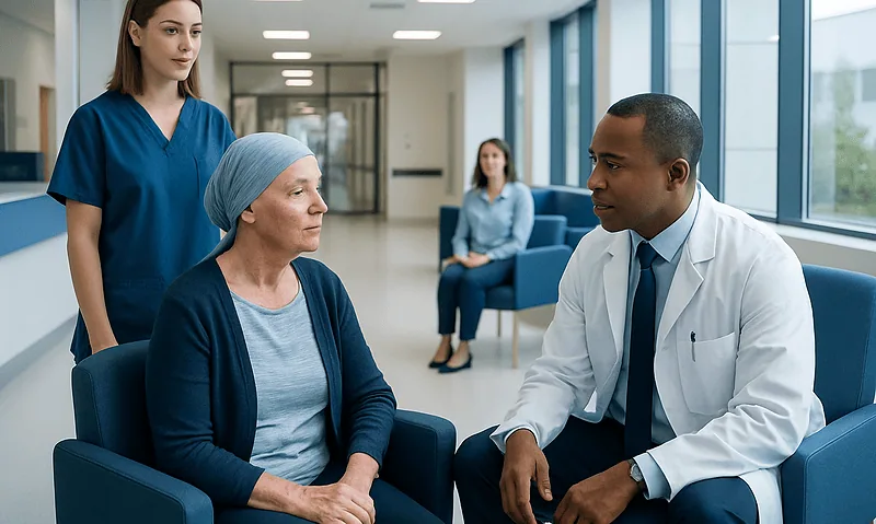 Doctor consulting with a patient in a hospital corridor.