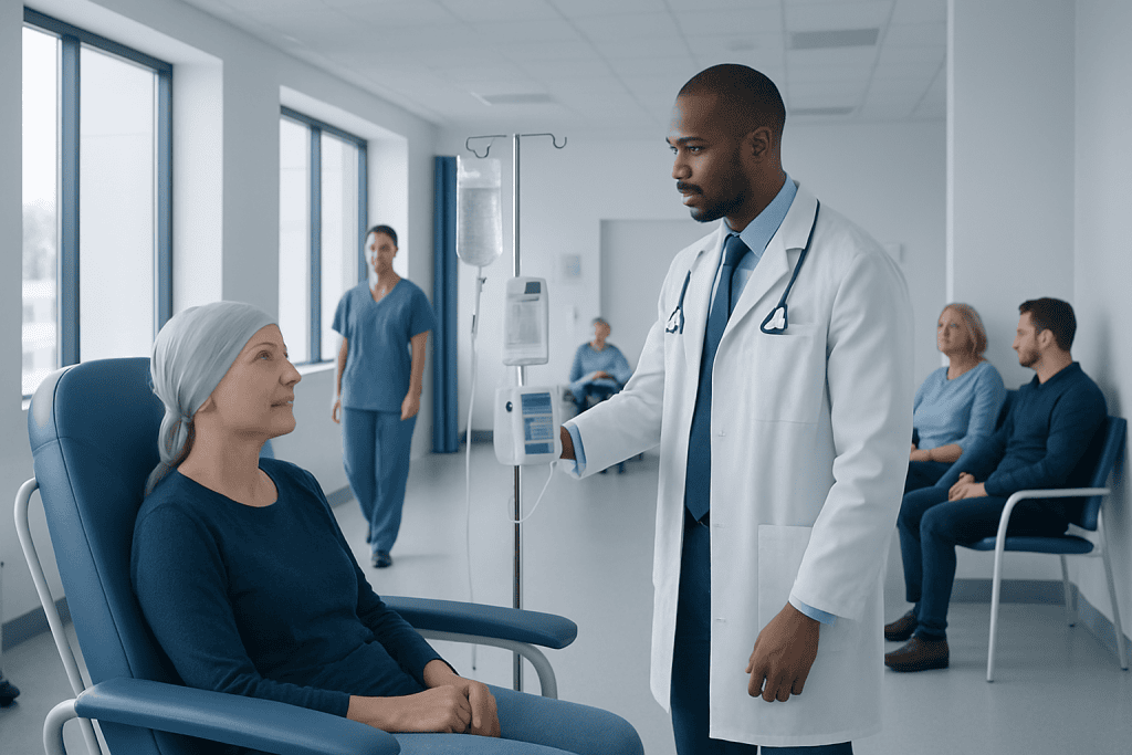Chemotherapy for Acute Myeloid Leukemia: How It Works, Results and What to Expect 1 Doctor consulting with a patient in a hospital room at Acibadem Hospitals Group.