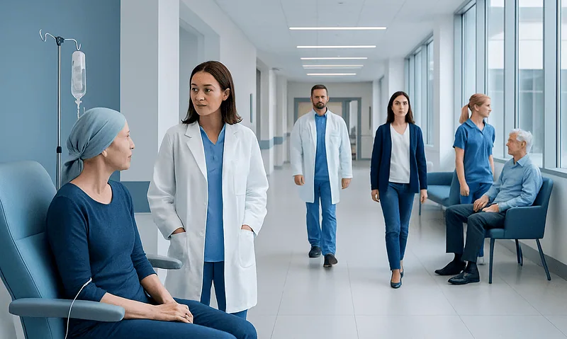 Medical team consulting with a patient in a hospital corridor.