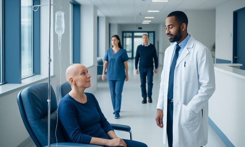 Patient in hospital bed with IV drip talking to doctor in hospital corridor.