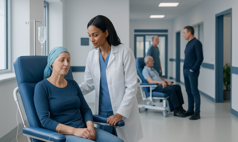 Doctor comforting a patient in a hospital corridor with other patients in the background.