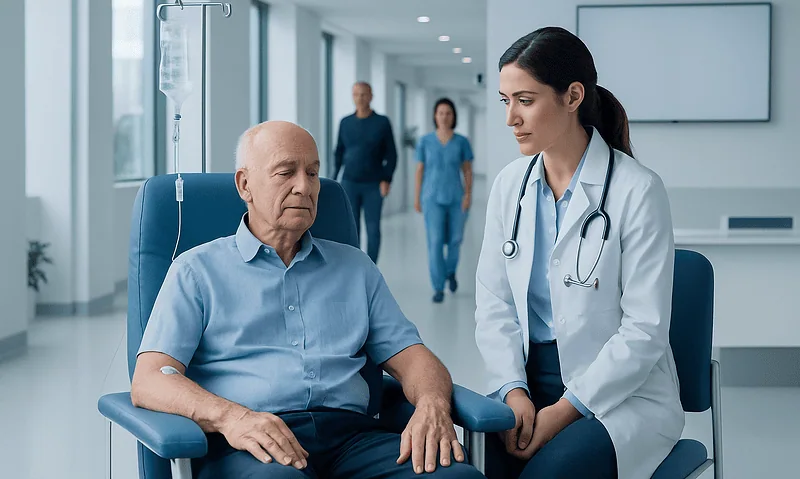 Doctor consulting with elderly male patient in hospital corridor.