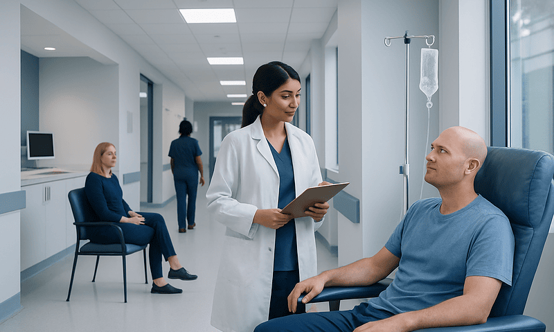 Doctor consulting a patient in a hospital corridor with other patients nearby.