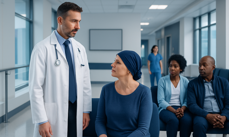 Doctor consulting with a patient in a hospital corridor.