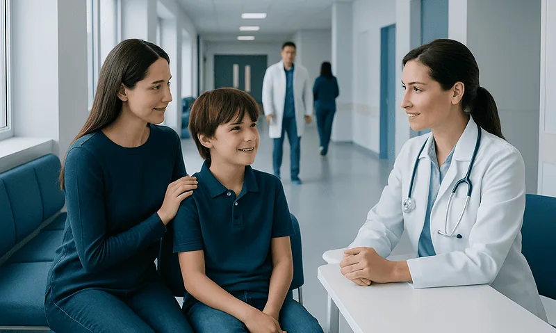 Child and mother consulting with a doctor in a hospital corridor.