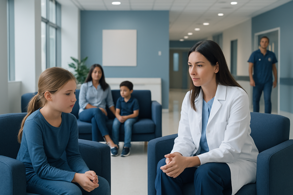 Childhood Anxiety Therapy: How It Works, Results and What to Expect 1 Child and doctor in therapy session at Acibadem Hospital.