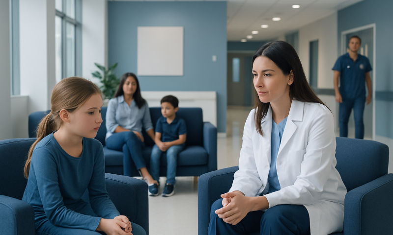 Child and doctor in therapy session at Acibadem Hospital.