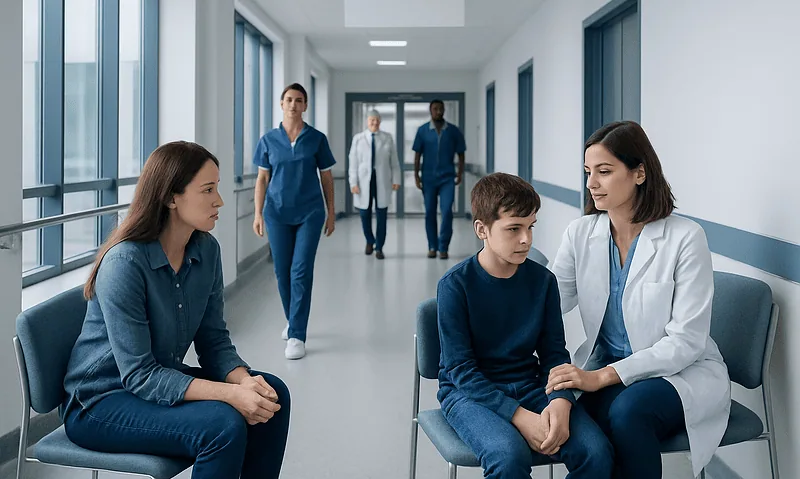 Child and doctor in hospital corridor during mental health consultation.