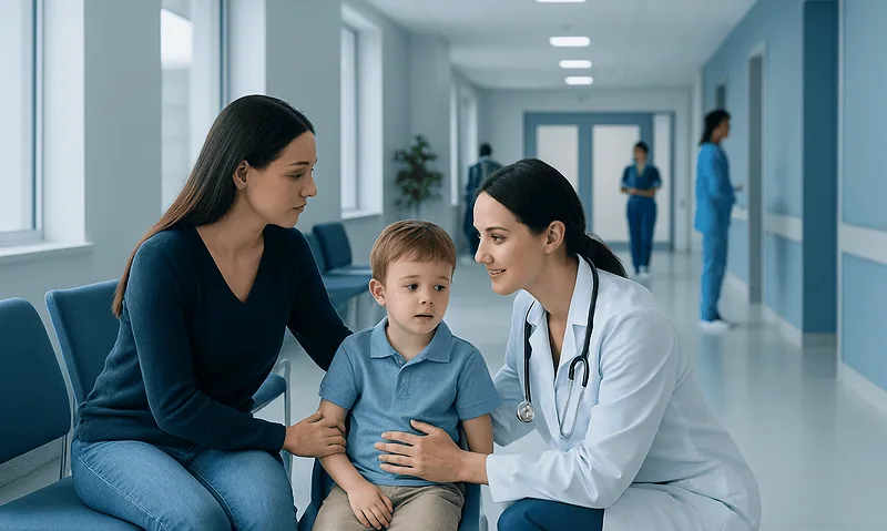 Pediatric consultation at a hospital with a young boy and mother with a doctor.