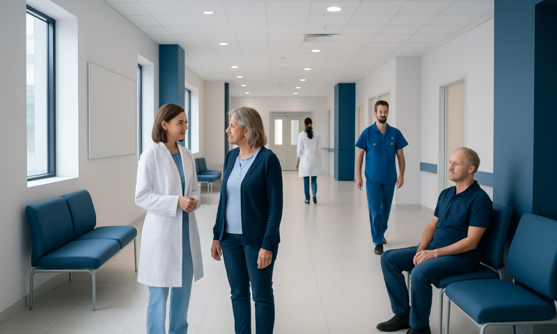 Hospital corridor with medical staff and patients engaging in conversation.