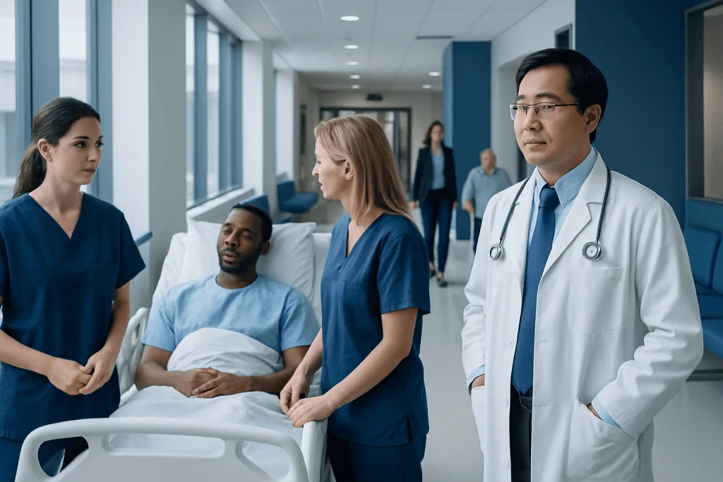 Cholecystolithiasis Treatment: How It Works, Results and What to Expect 1 Medical team consulting with patient in hospital corridor.