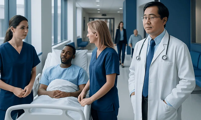 Medical team consulting with patient in hospital corridor.