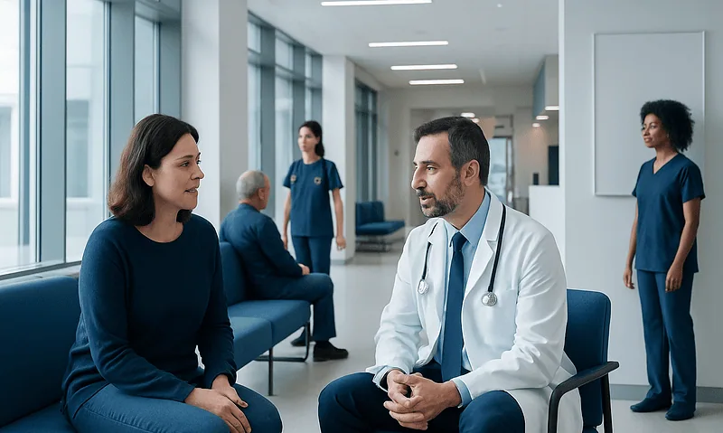 Doctor consulting with a patient in a modern hospital corridor.