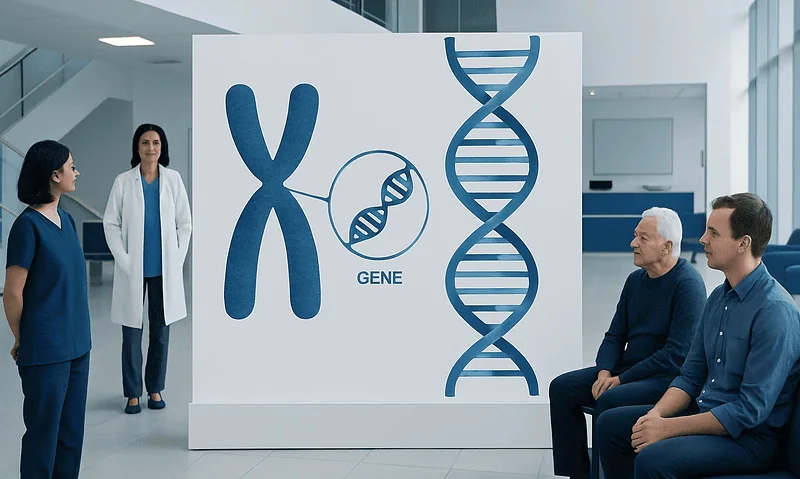 Medical professionals discussing DNA and genes in a modern hospital setting.
