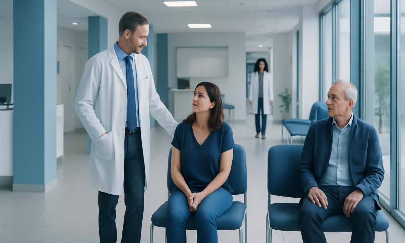 Doctor consulting with patients in a modern hospital waiting area.