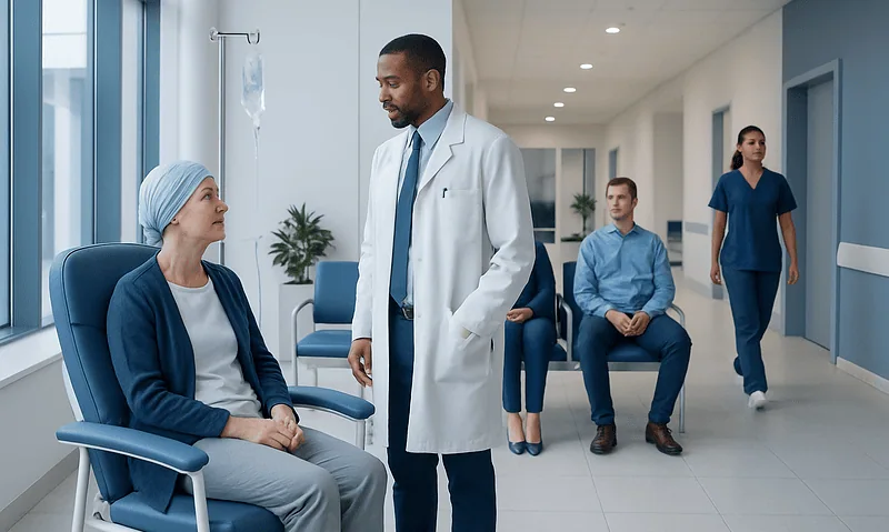 Doctor talking to a patient in a hospital corridor with other patients nearby.
