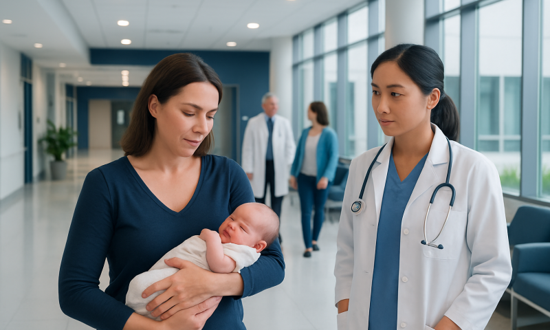 Clogged Milk Duct Treatment: How It Works, Results and What to Expect 4 Mother with newborn and doctor in hospital corridor.