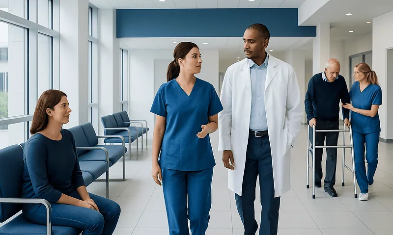 Medical professionals and patients in a hospital waiting area.