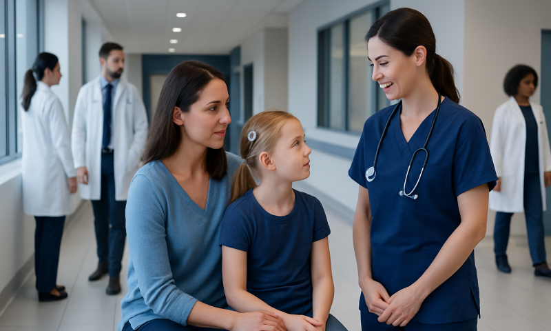 Child and mother consulting with a nurse in a hospital corridor.