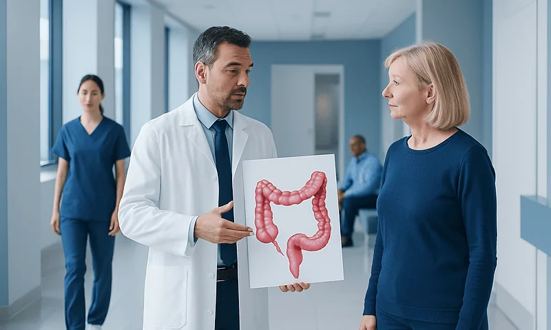 Doctor explaining colon anatomy to a patient in a hospital corridor.