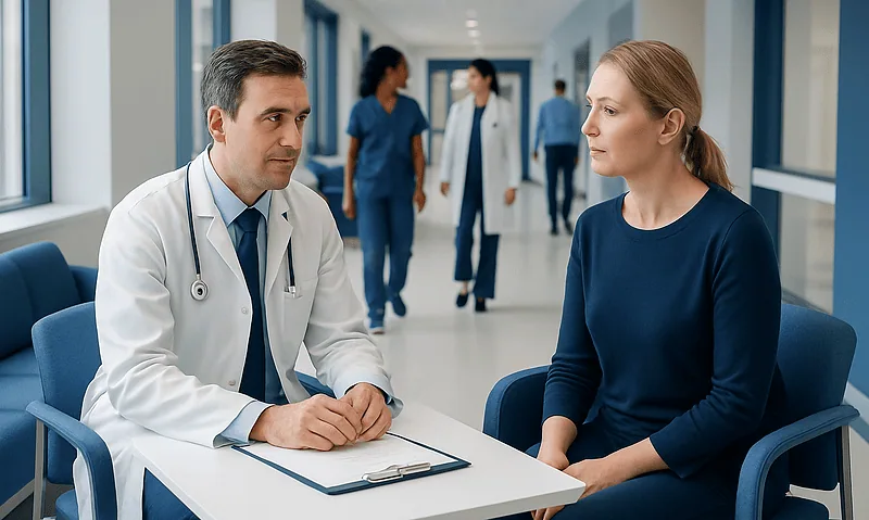 Doctor consulting with a female patient in a hospital corridor.