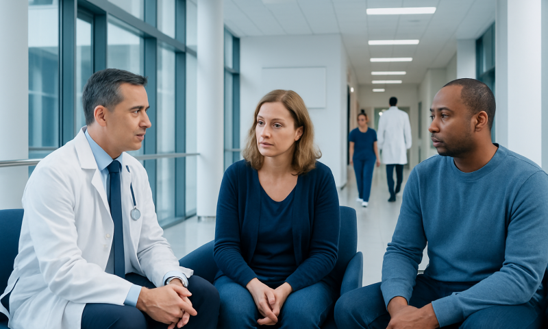 Doctor consulting with a patient in a hospital corridor.
