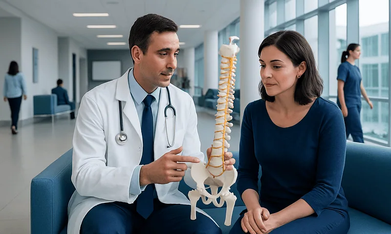 Doctor explaining spinal model to patient in hospital setting.