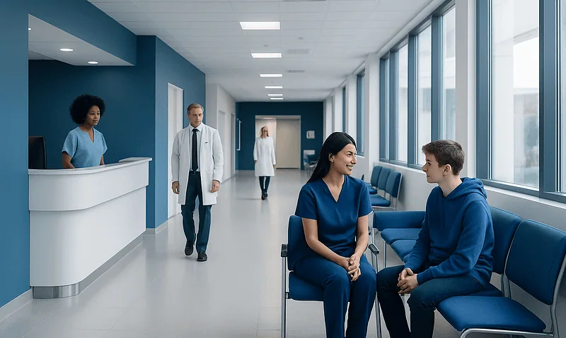 Hospital corridor with medical staff and patients in waiting area.