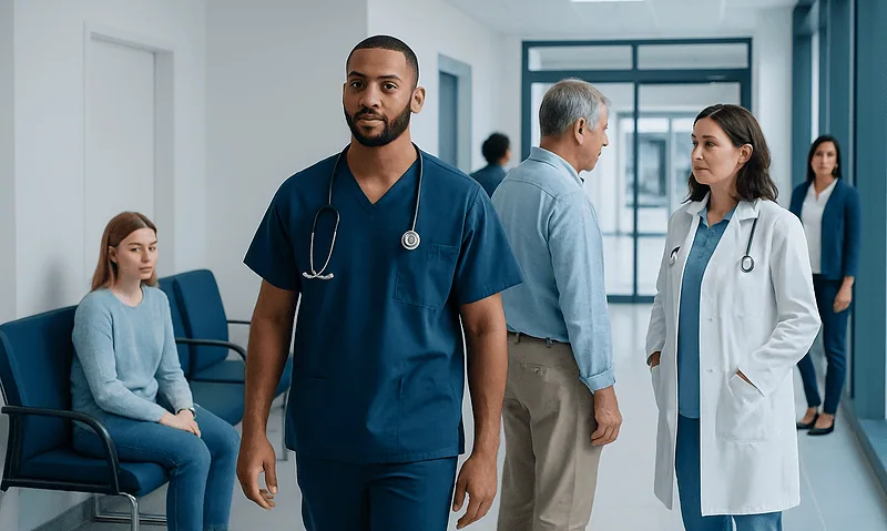 Healthcare professionals and patients in a hospital corridor.