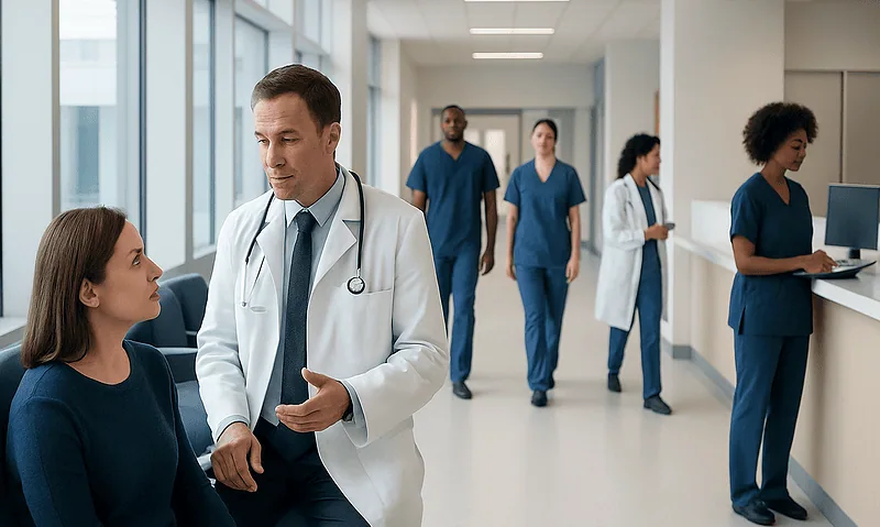 Doctor consulting a patient in a hospital corridor with medical staff in the background.