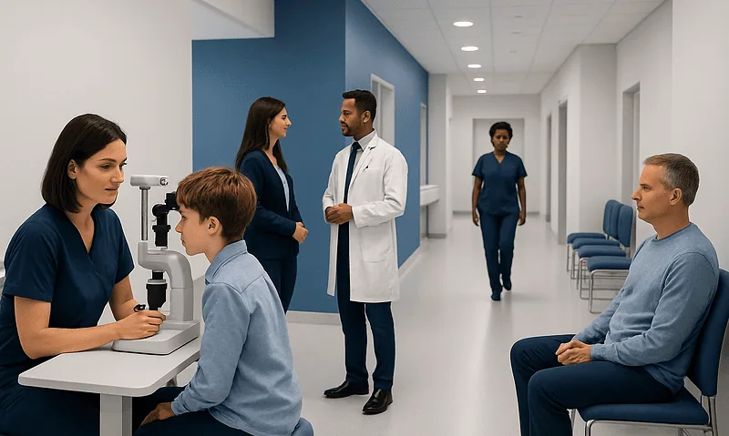Optometry exam at Acibadem Hospitals Group with doctor and patient.