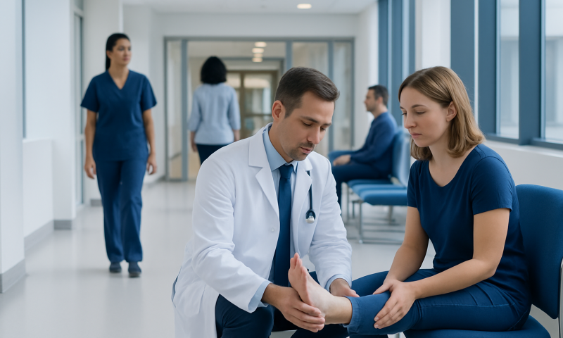 Corn on Toe Treatment: How It Works, Results and What to Expect 5 Doctor examining patient's foot in a hospital corridor.