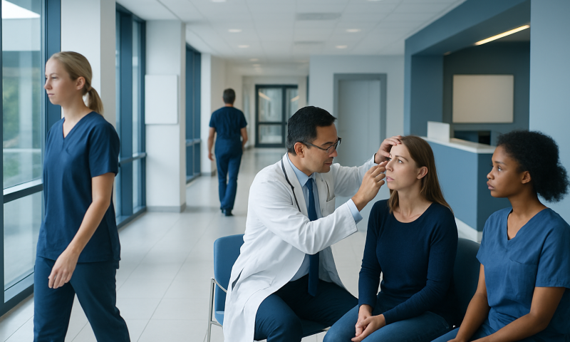 Ophthalmologist examines patient's eye in a hospital corridor.
