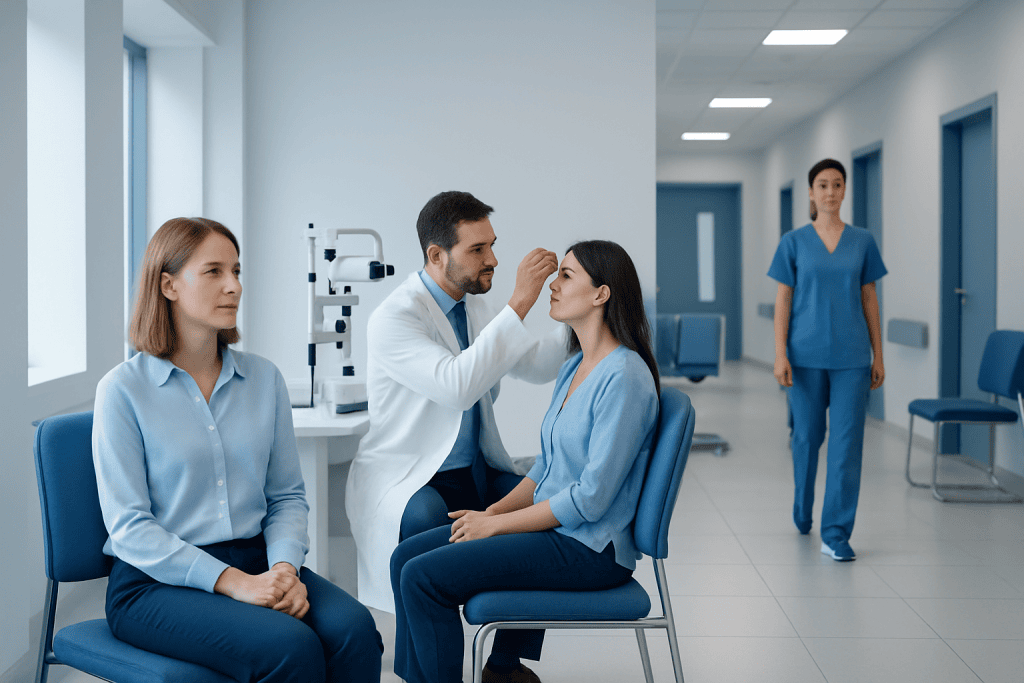 Corneal Erosions Treatment: How It Works, Results and What to Expect 1 Ophthalmologist examines patient's eye in a modern clinic setting.