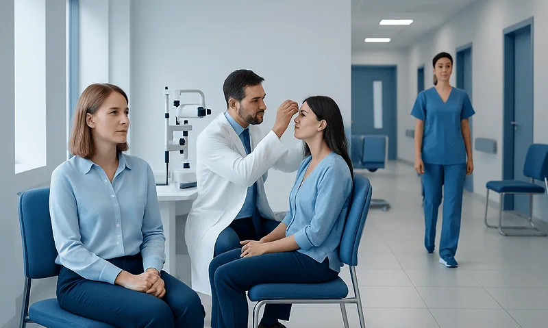 Ophthalmologist examines patient's eye in a modern clinic setting.