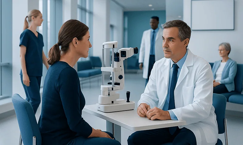 Ophthalmologist examines patient with slit lamp in clinic.