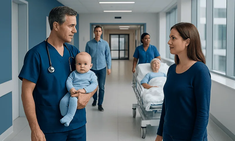 Healthcare professionals and a baby in a hospital corridor.