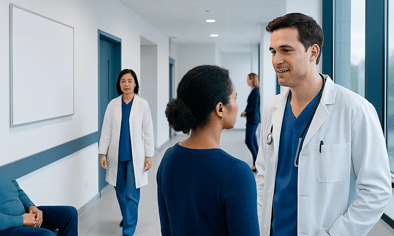 Medical professionals consulting in a hospital corridor.