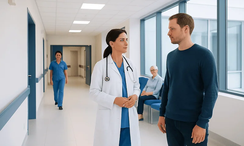 Doctor talking to patient in hospital corridor with staff in background.