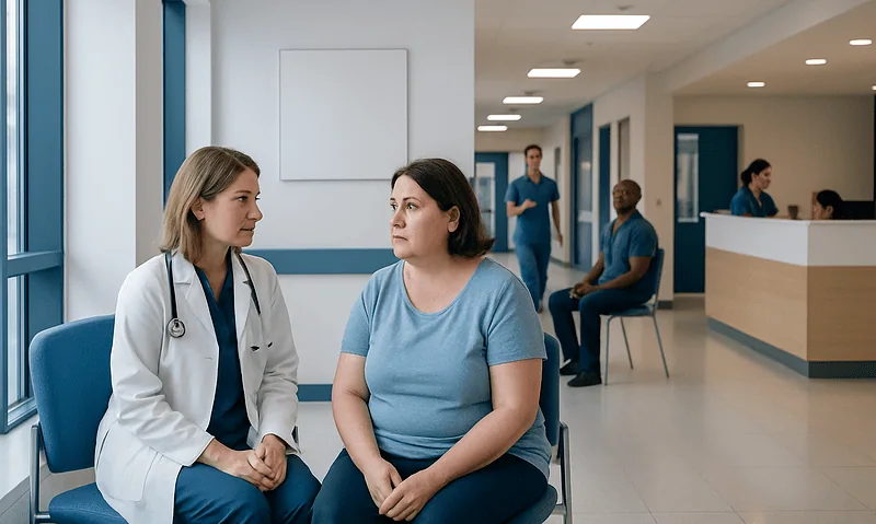 Doctor consulting a patient in a hospital corridor.